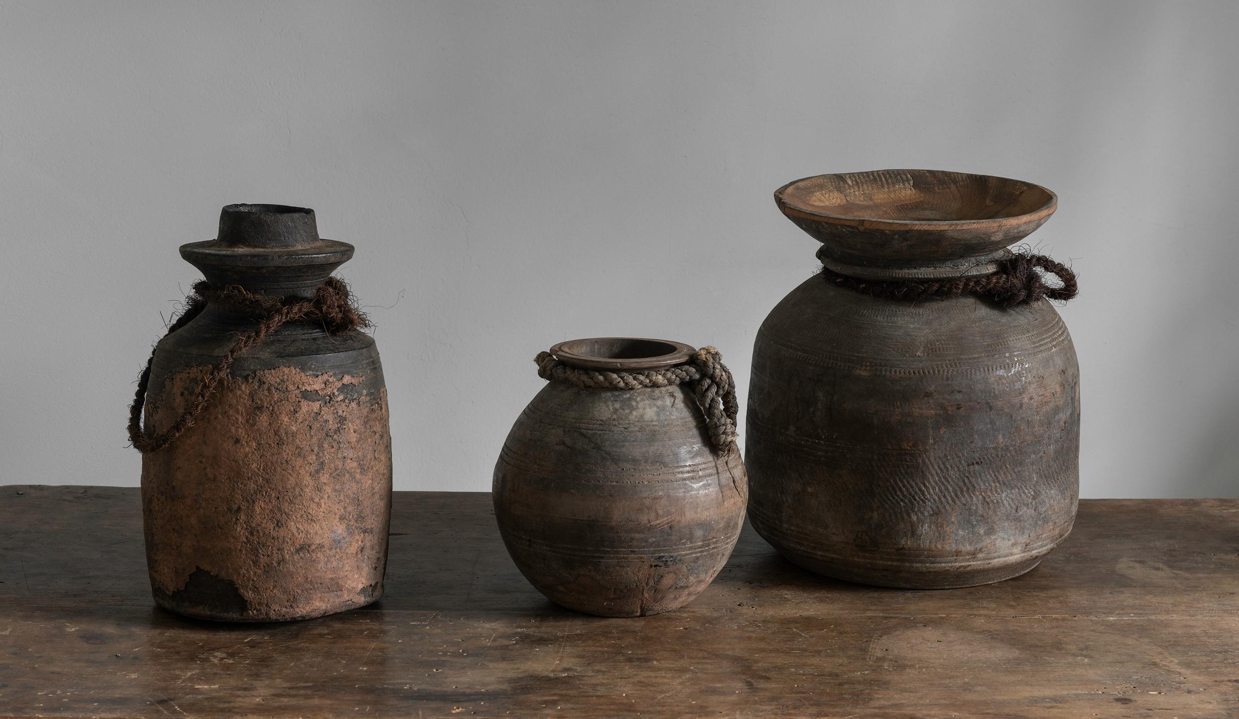 A great group of antique wooden pots, at least late 19th century. Whilst they look very similar to Tibetian Yak containers, we prefer to offer them as Belgian, since we found them in Belgium.