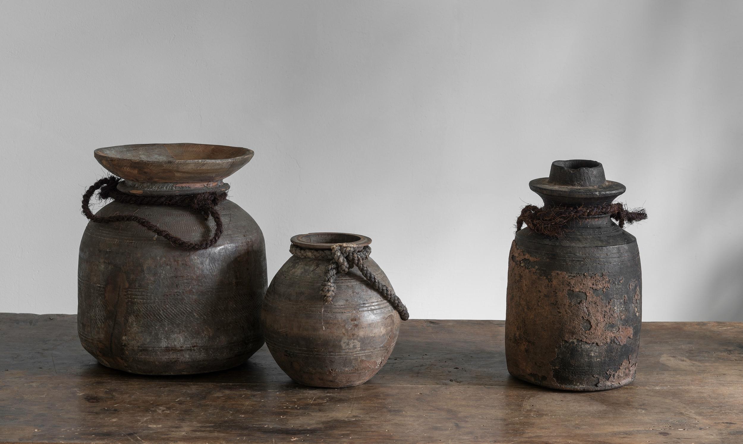 Tibetan Set of Three Antique Wooden Tibetian Pots For Sale