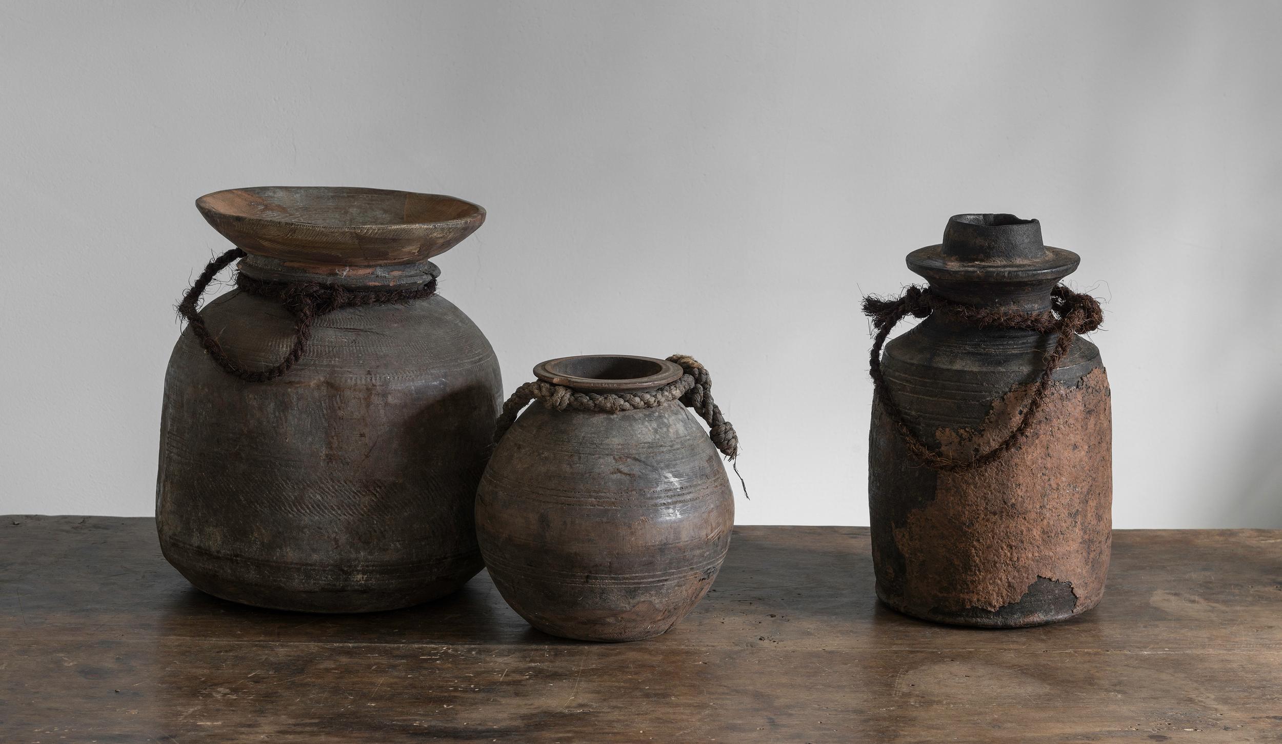 Turned Set of Three Antique Wooden Tibetian Pots For Sale
