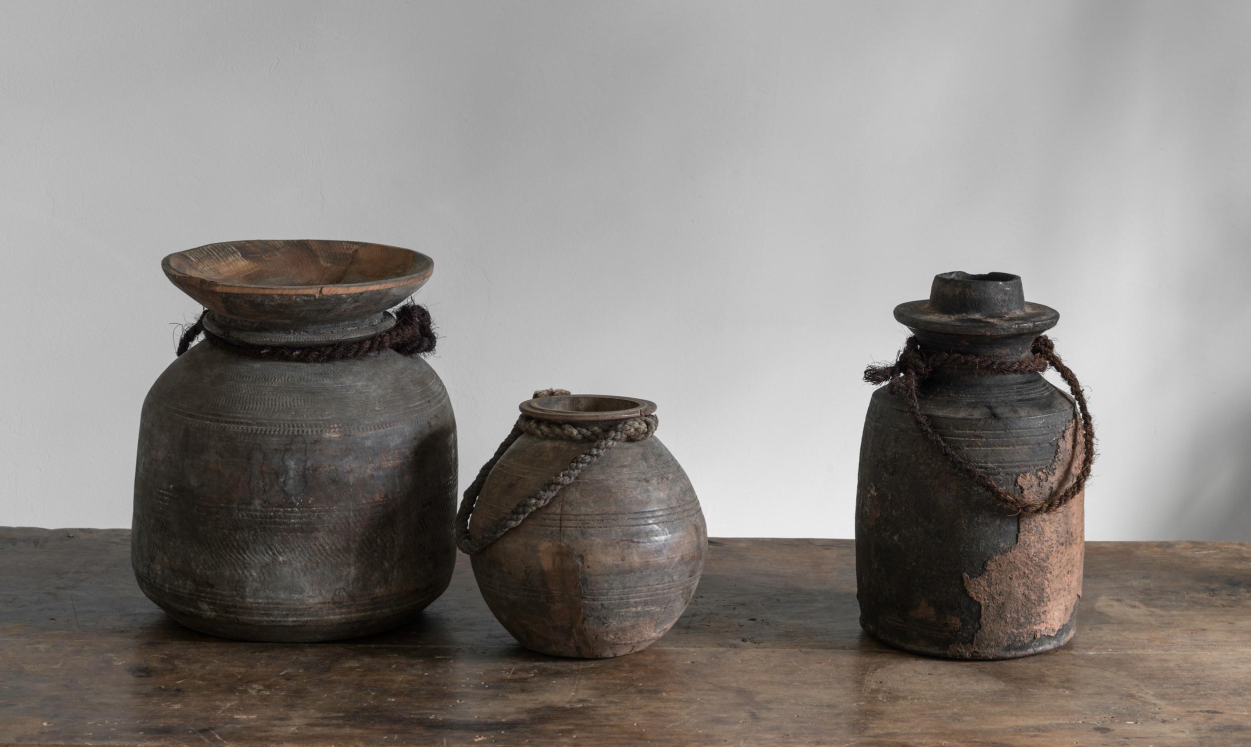 19th Century Set of Three Antique Wooden Tibetian Pots For Sale