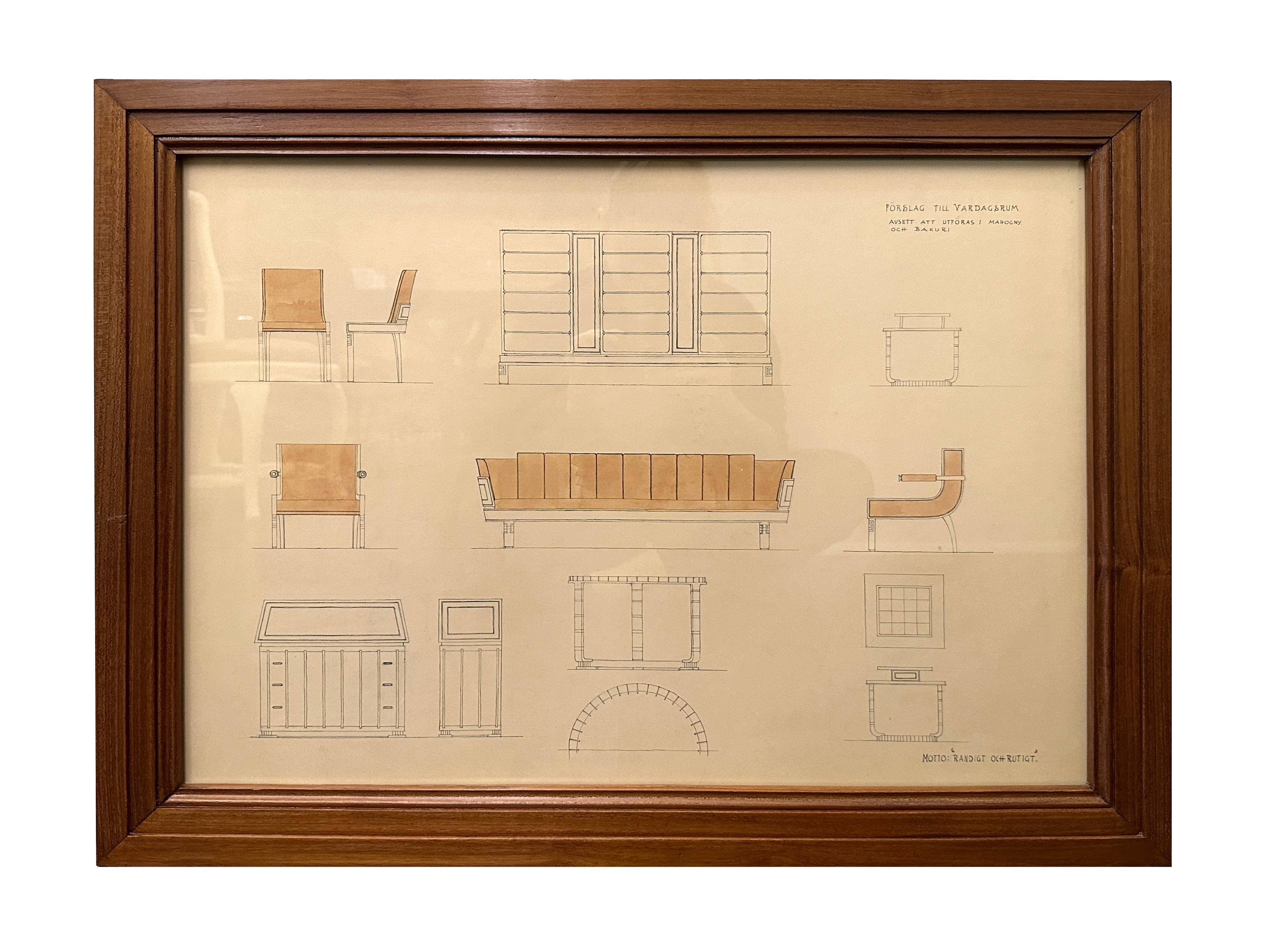 Set of three architectural furniture drawings by the Sweedish arquitect Carl G. Bergsten. Circa 1930. Pencil on paper. 

Dimenssions: WITH FRAME
Motto Gesundheit: W 31.5