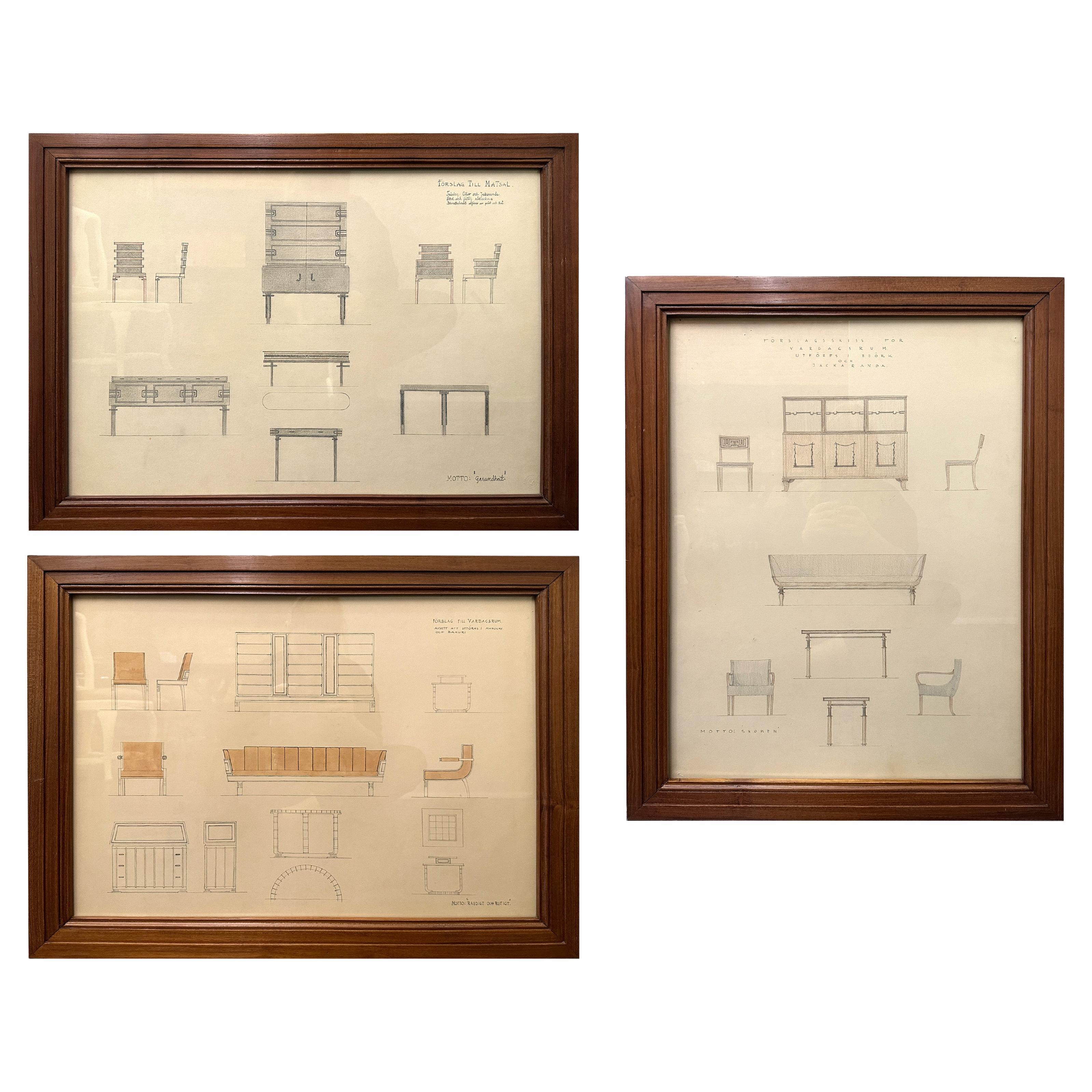 Set of Three Architectural Drawings by Carl G. Bergsten, c.1930 For Sale