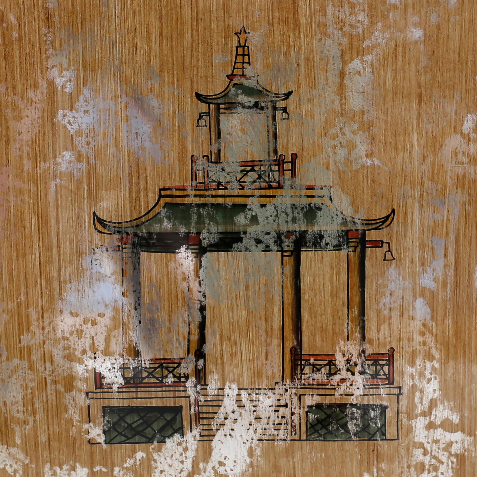 Chinoiserie Set of Three Architectural Pagoda Paintings