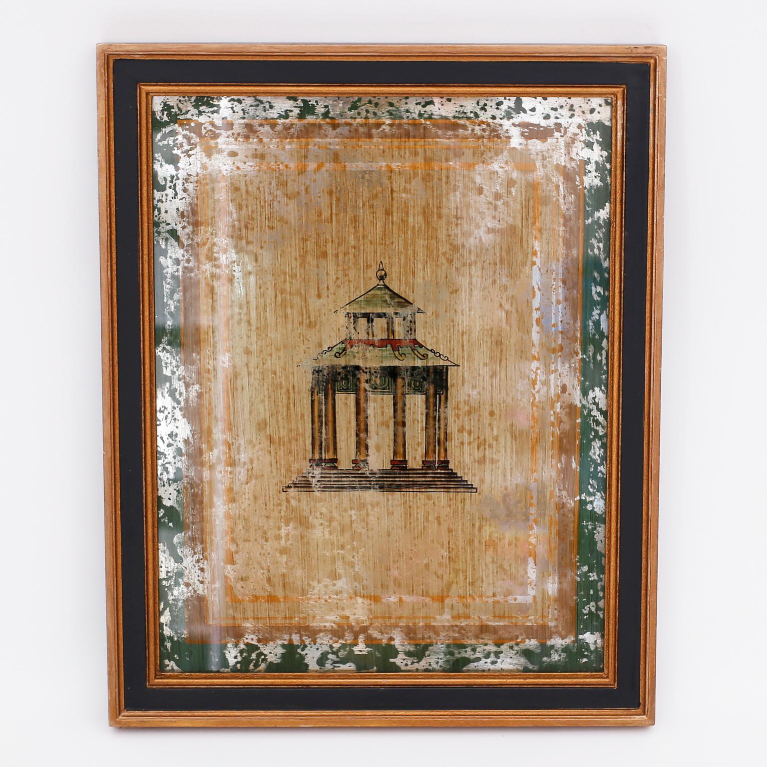 Set of Three Architectural Pagoda Paintings In Good Condition In Palm Beach, FL