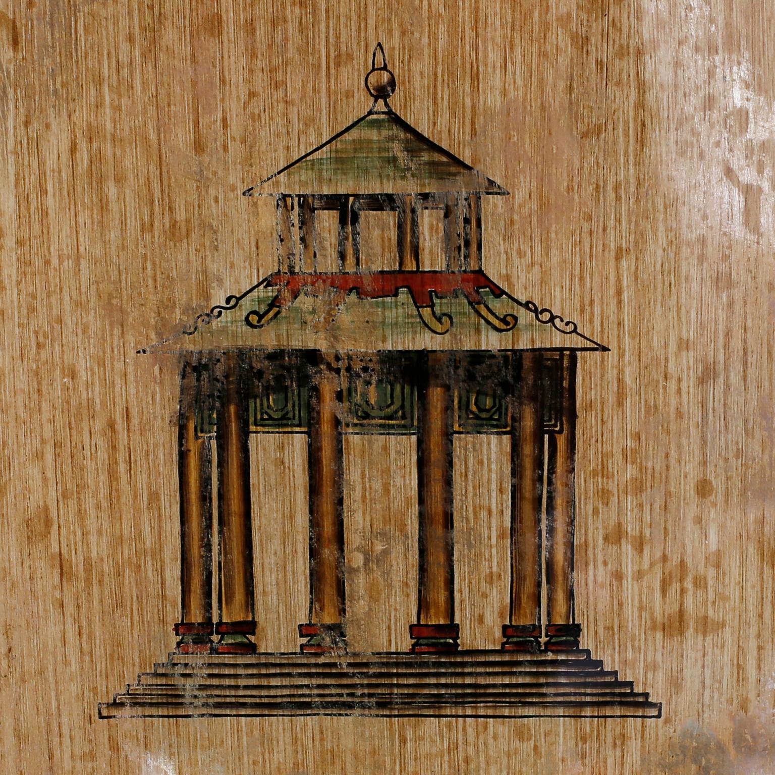 20th Century Set of Three Architectural Pagoda Paintings