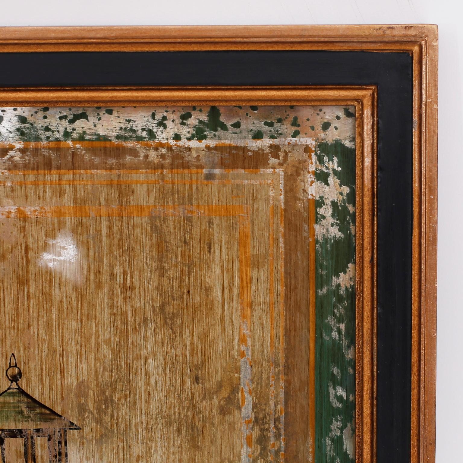 Glass Set of Three Architectural Pagoda Paintings