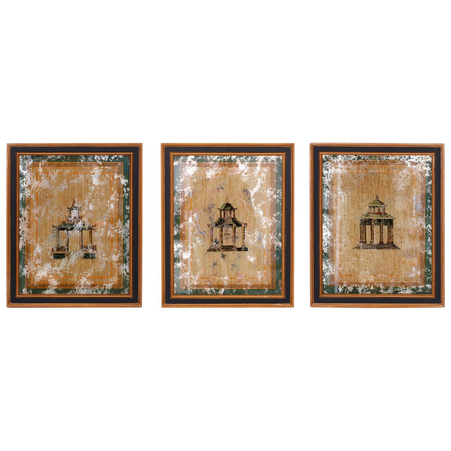 Set of Three Architectural Pagoda Paintings