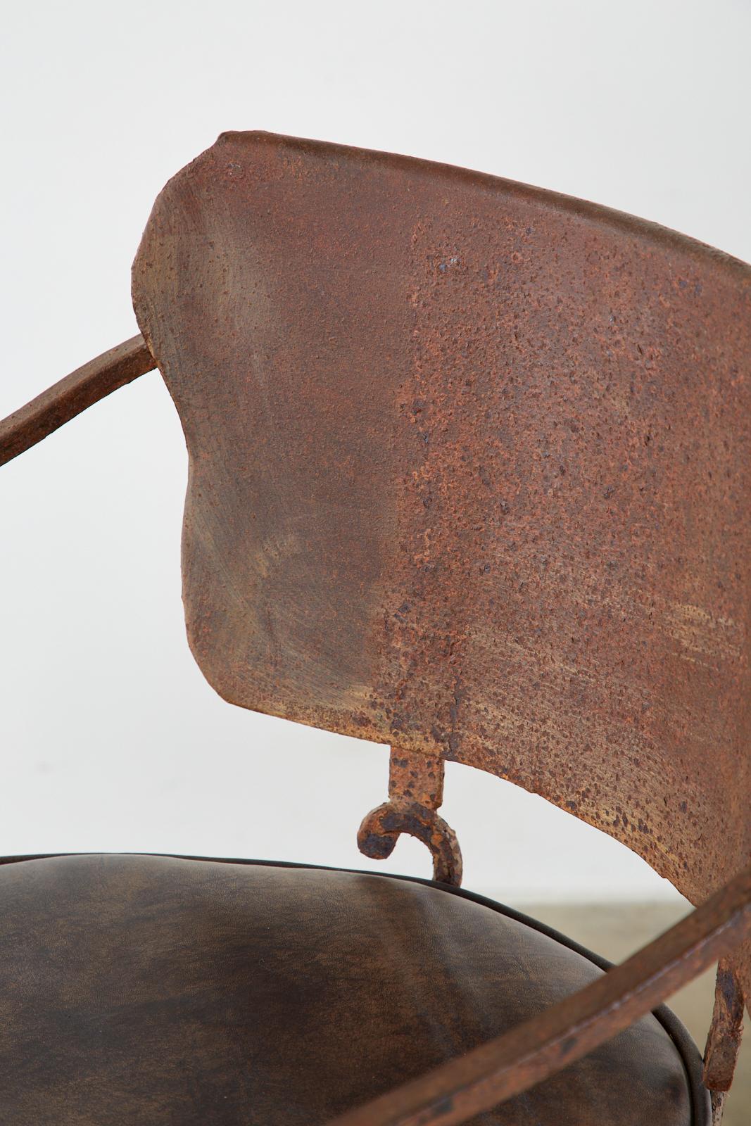 Set of Three Arhaus Iron and Leather Barstools 3