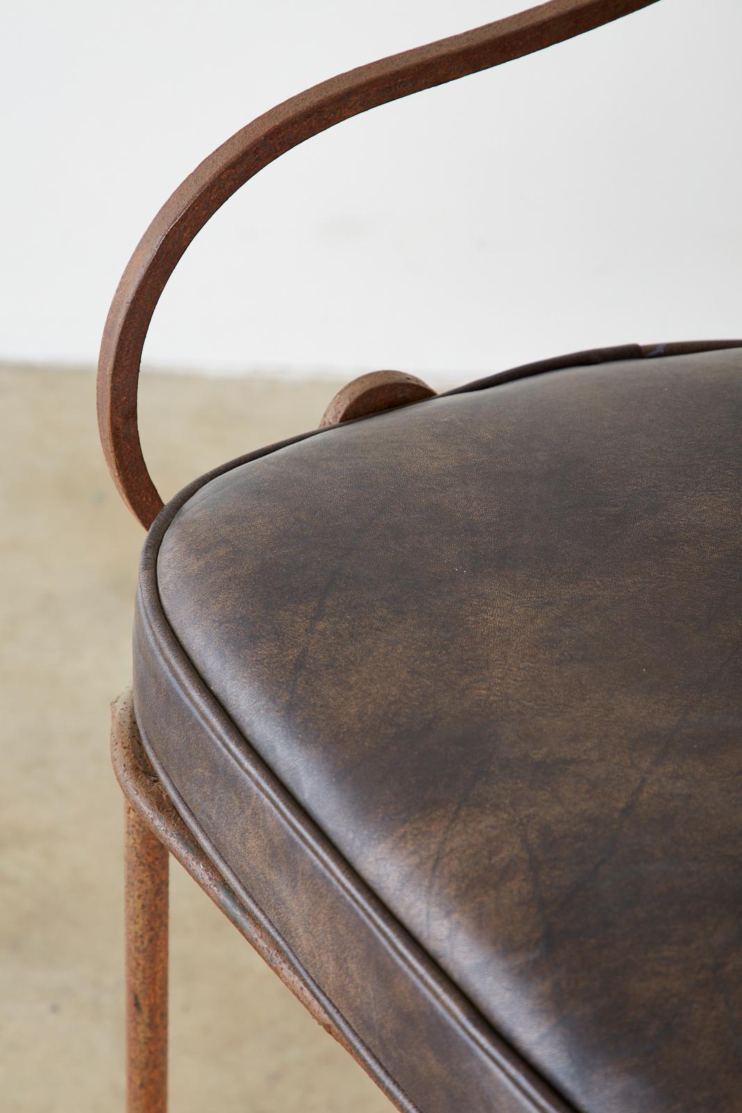 Set of Three Arhaus Iron and Leather Barstools 5