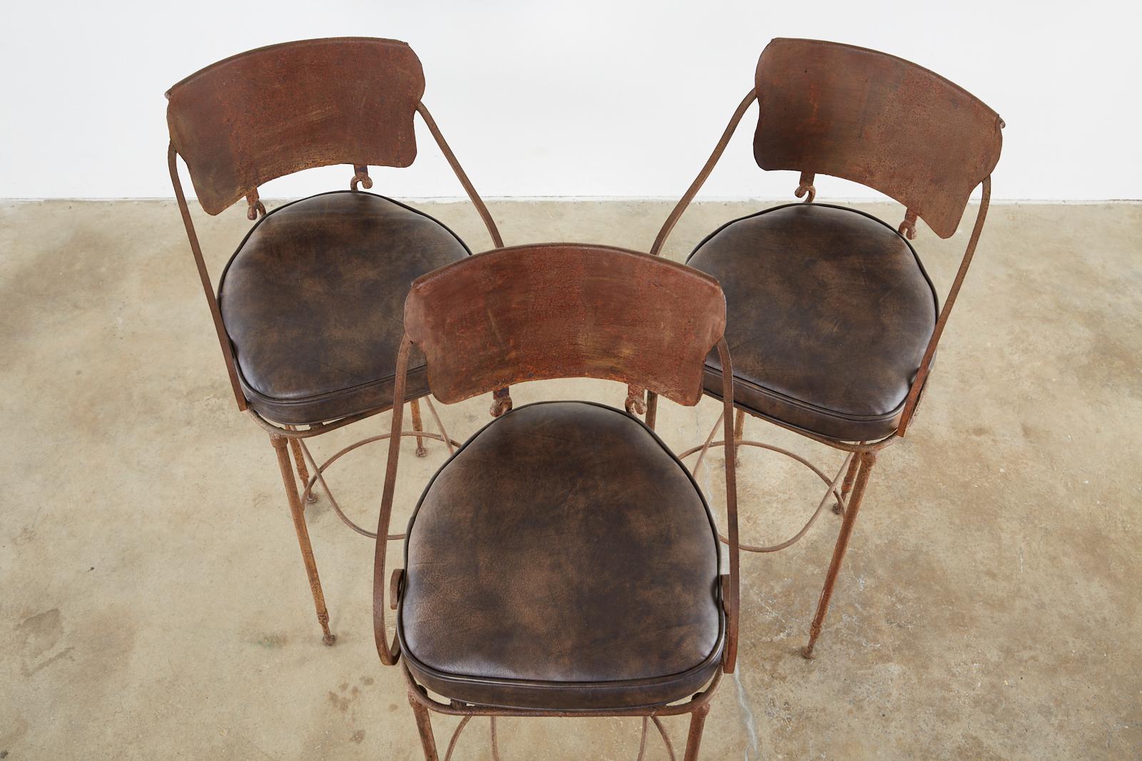 Rustic Set of Three Arhaus Iron and Leather Barstools