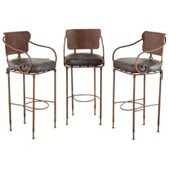 Set of Three Arhaus Iron and Leather Barstools