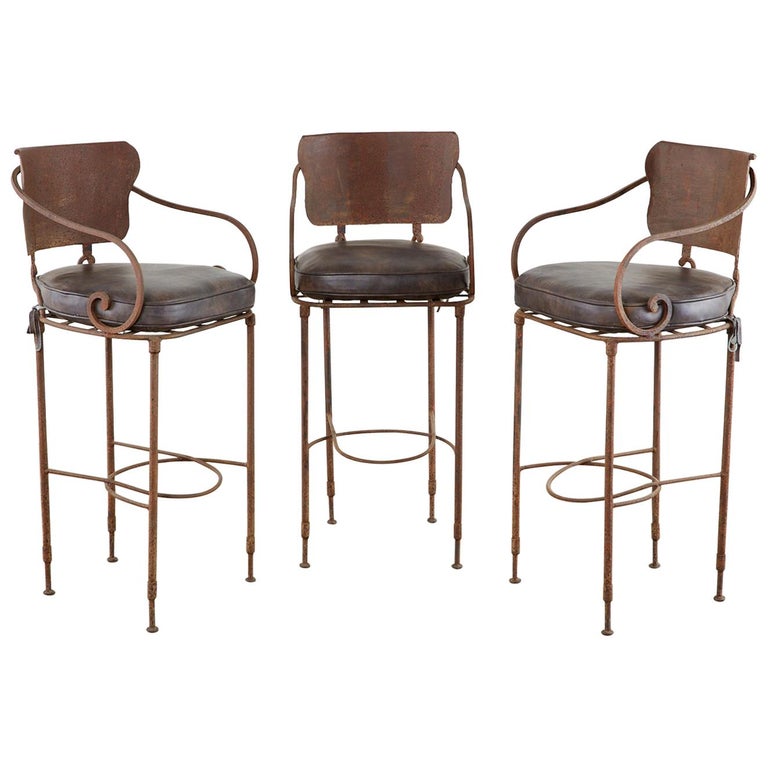 Set of Three Arhaus Iron and Leather Barstools at 1stDibs | arhaus cafe bar  stools, arhaus leather and iron bar stools, arhaus counter stool