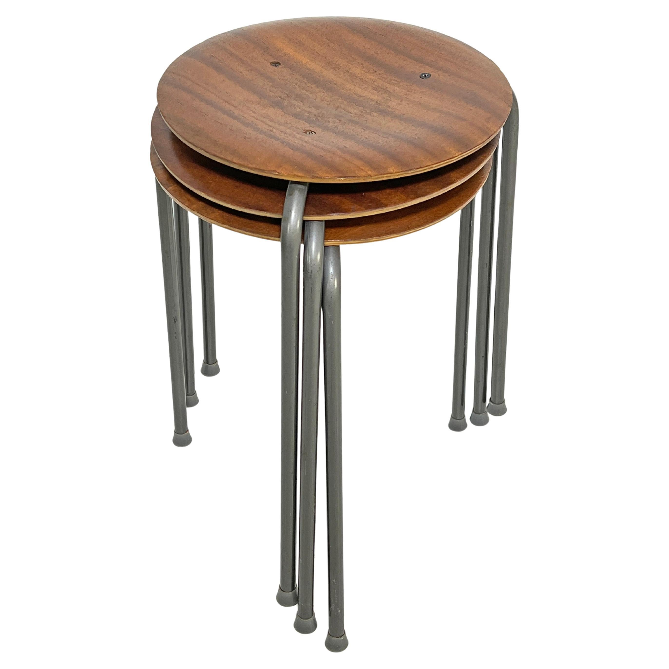 Set of Three Arne Jacobsen Danish Teak Stacking Tripod "Dot" Stools, Circa 1960s For Sale