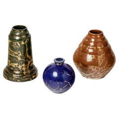 Set of Three Art Deco Ceramic Vase by Lucien Brisdoux 1930 Blue Red and Green