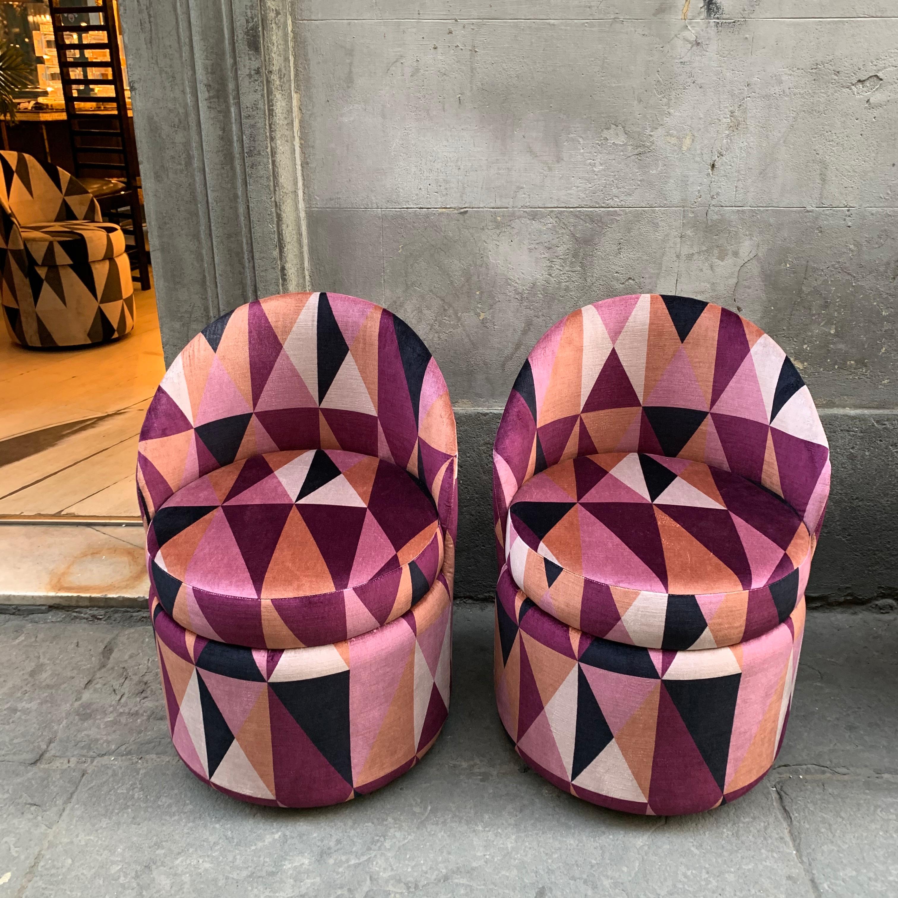 Set of three round Art Deco club chairs with Kirkby geometric design velvet. The chairs are from Art Deco era to midcentury but they are newly upholstered with Kirkby geometric velvet, two different colors, a pair with pink colors and a single chair