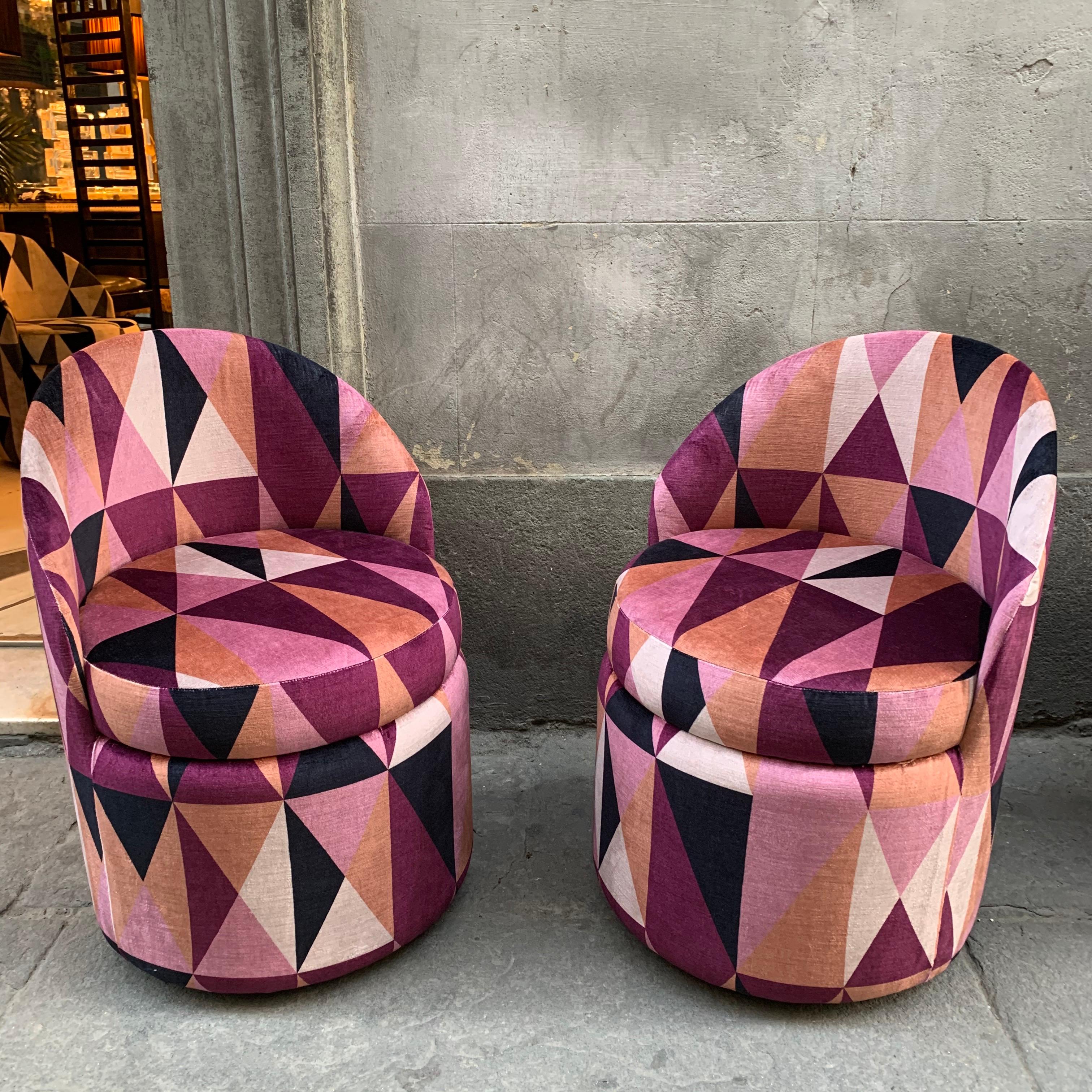 Italian Set of Three Art Deco Club Chairs with Kirkby Geometric Design Velvet, 1940s