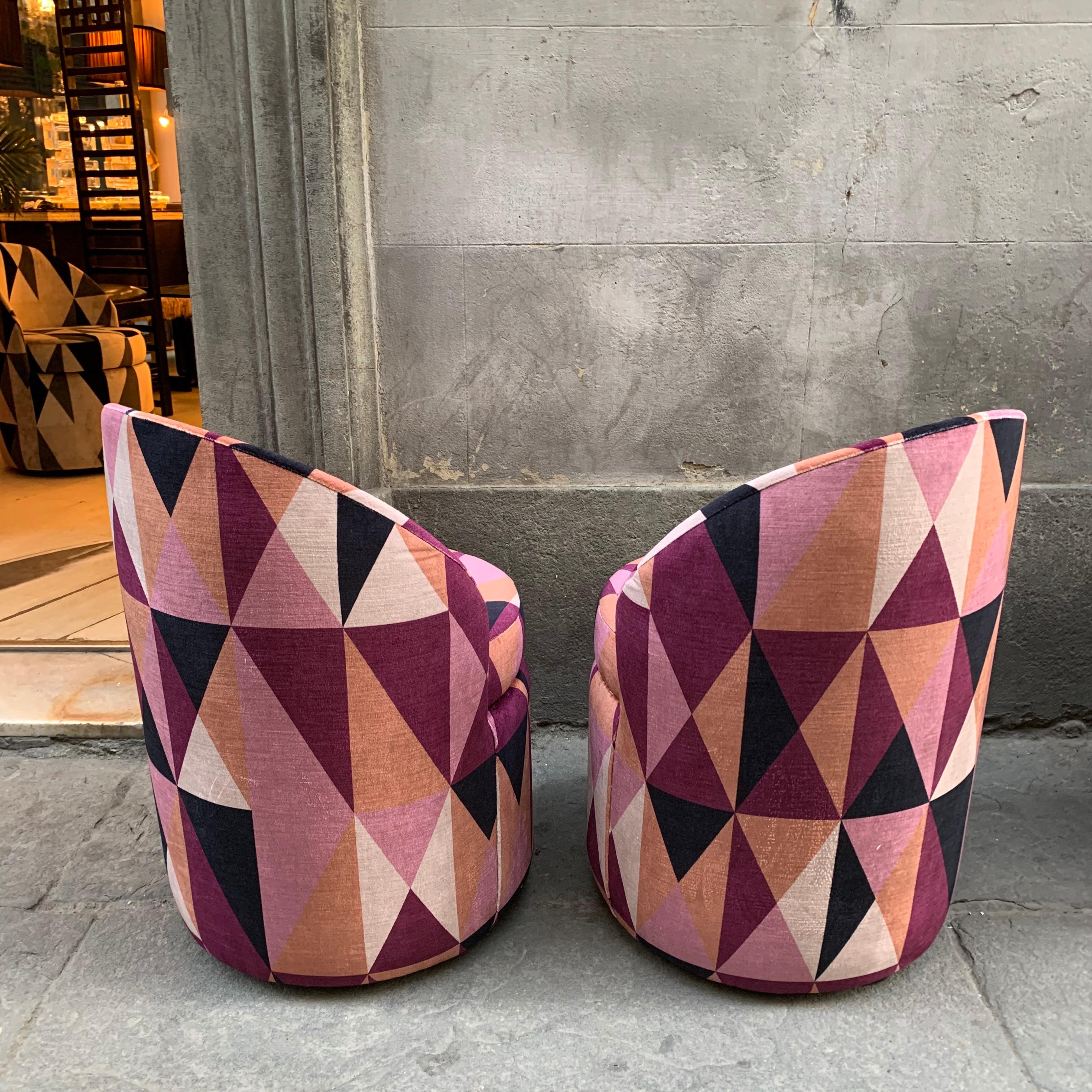Set of Three Art Deco Club Chairs with Kirkby Geometric Design Velvet, 1940s In Excellent Condition In Florence, IT