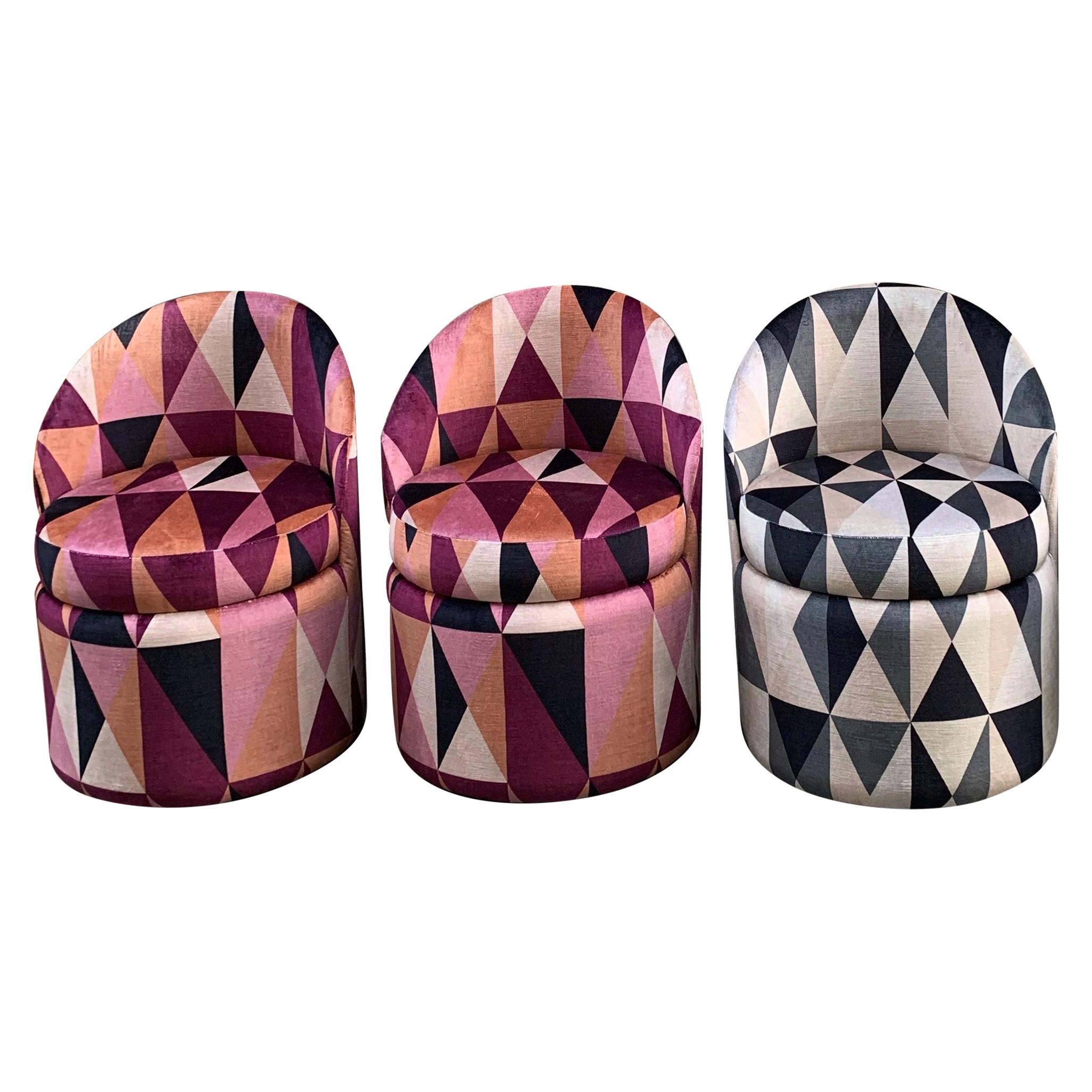 Set of Three Art Deco Club Chairs with Kirkby Geometric Design Velvet, 1940s