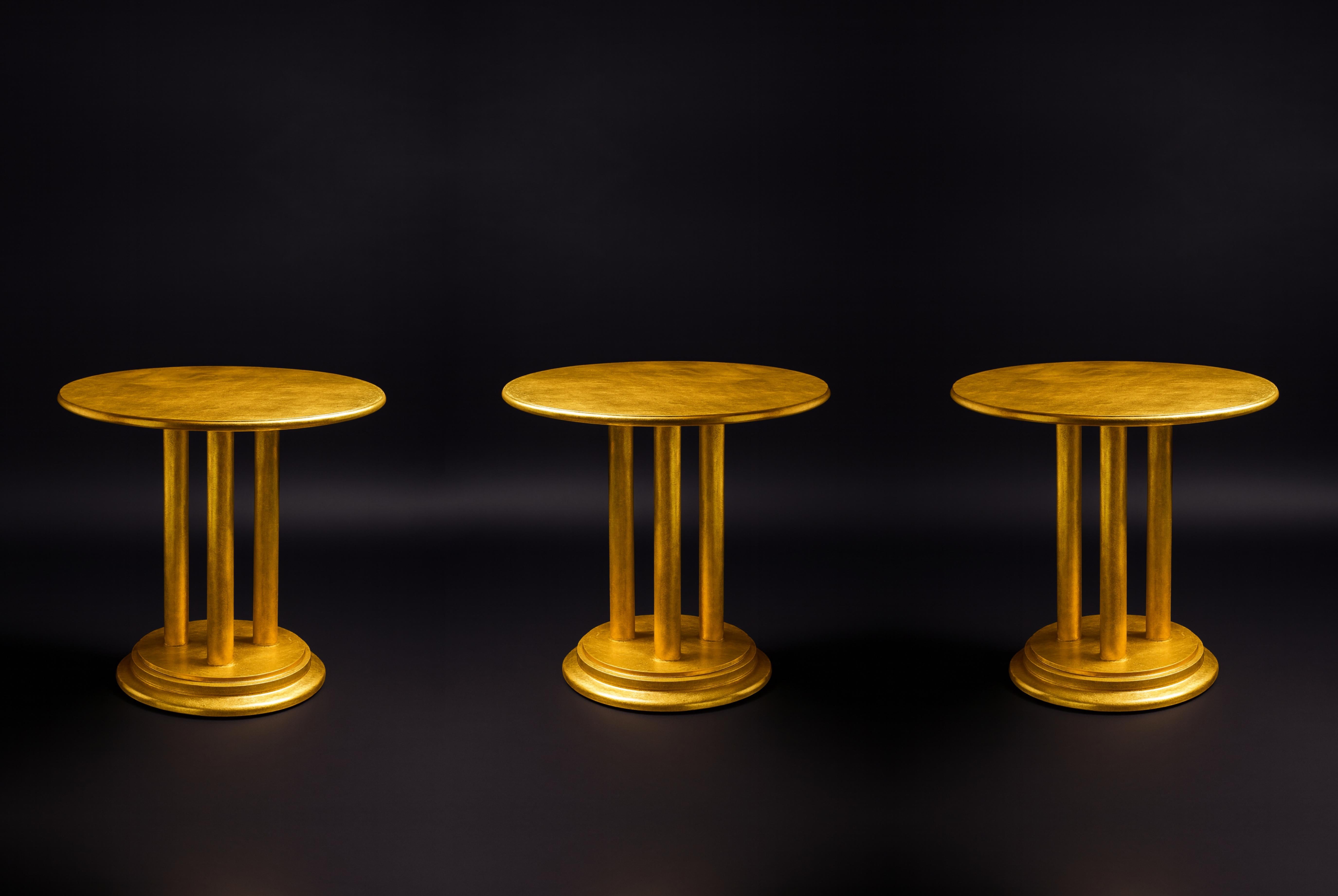 French Set of three Art Deco Gilt Golden Chestnut Pedestal Tables, 20th Century For Sale