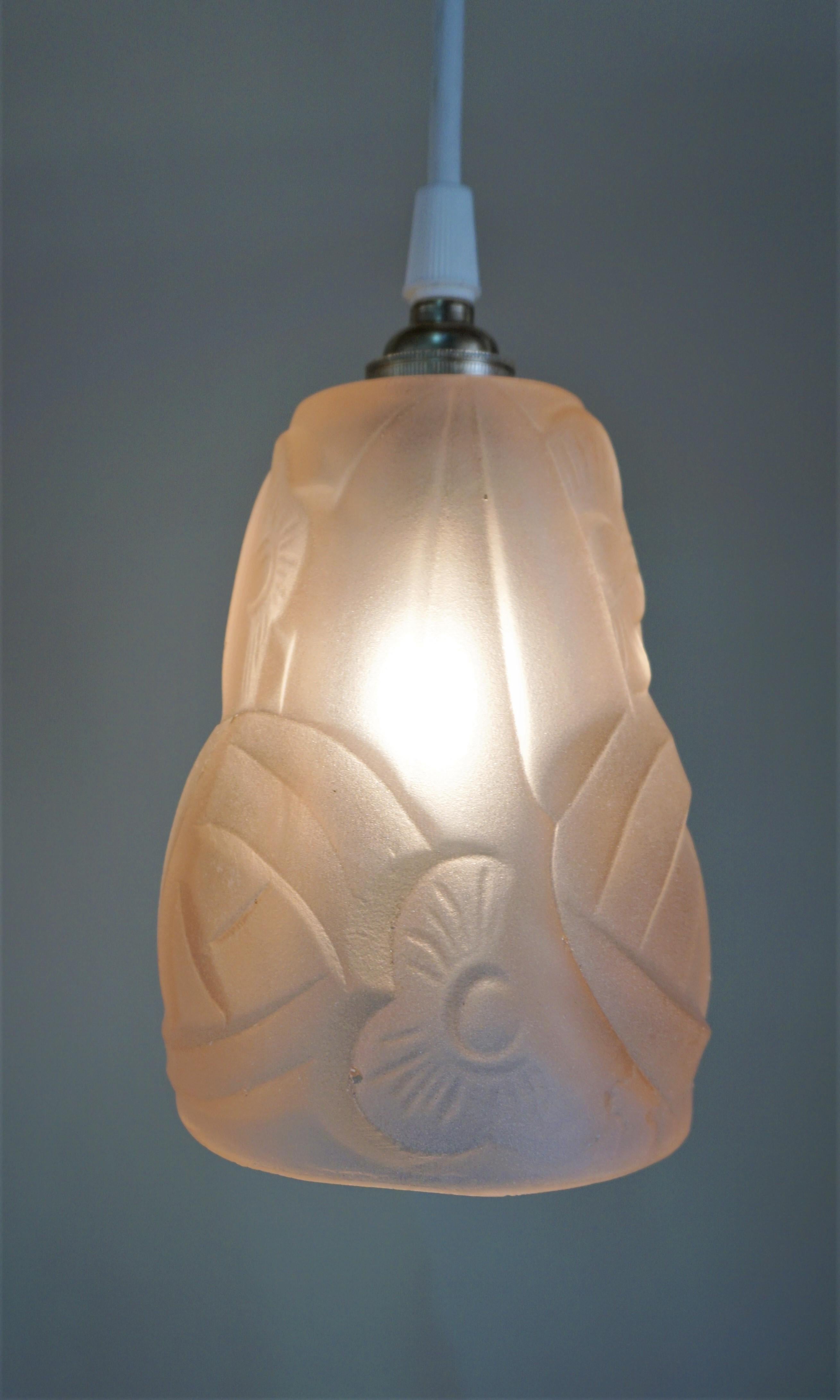 French Set of Three Art Deco Glass Shade Pendant Light by Degue