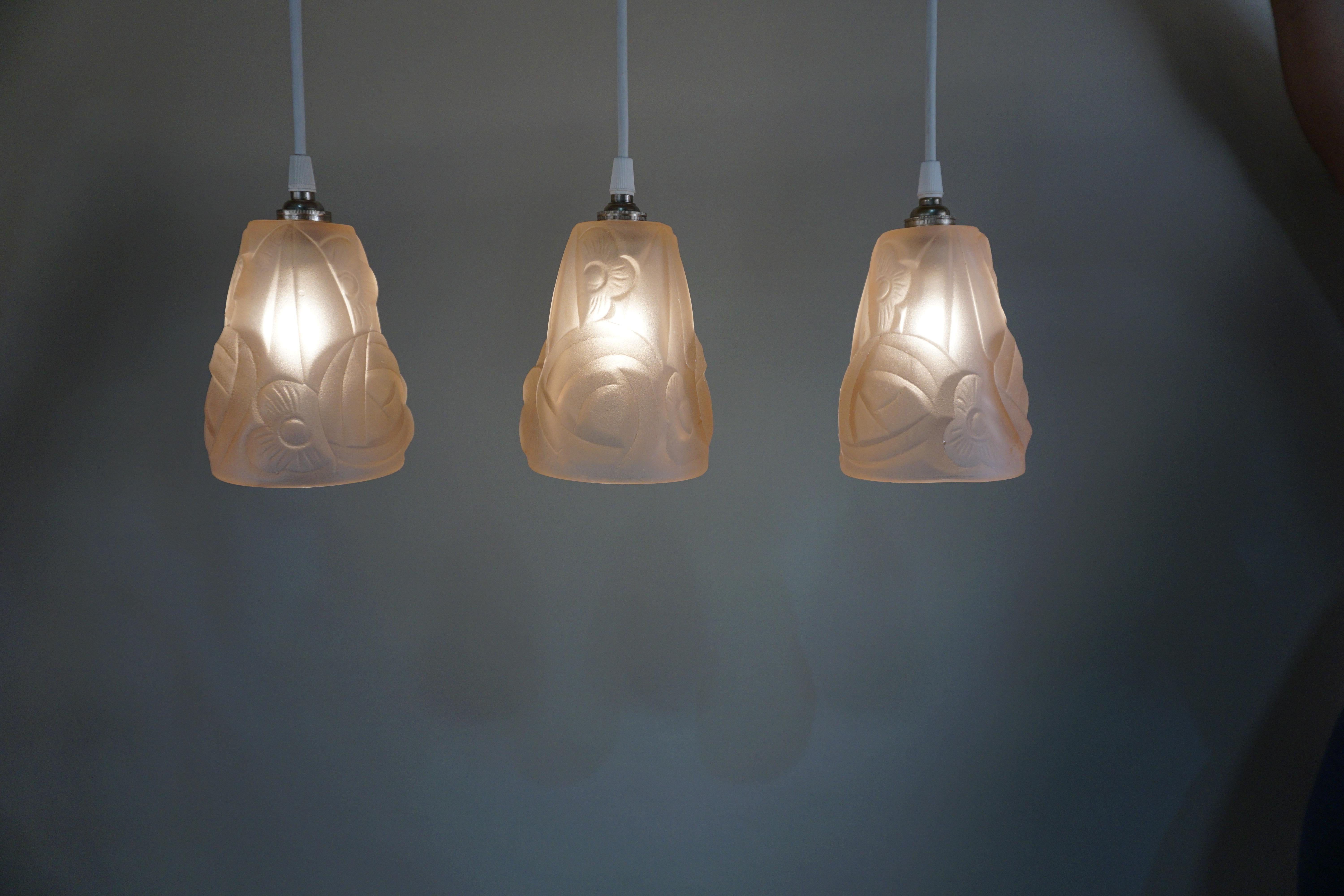 Mid-20th Century Set of Three Art Deco Glass Shade Pendant Light by Degue