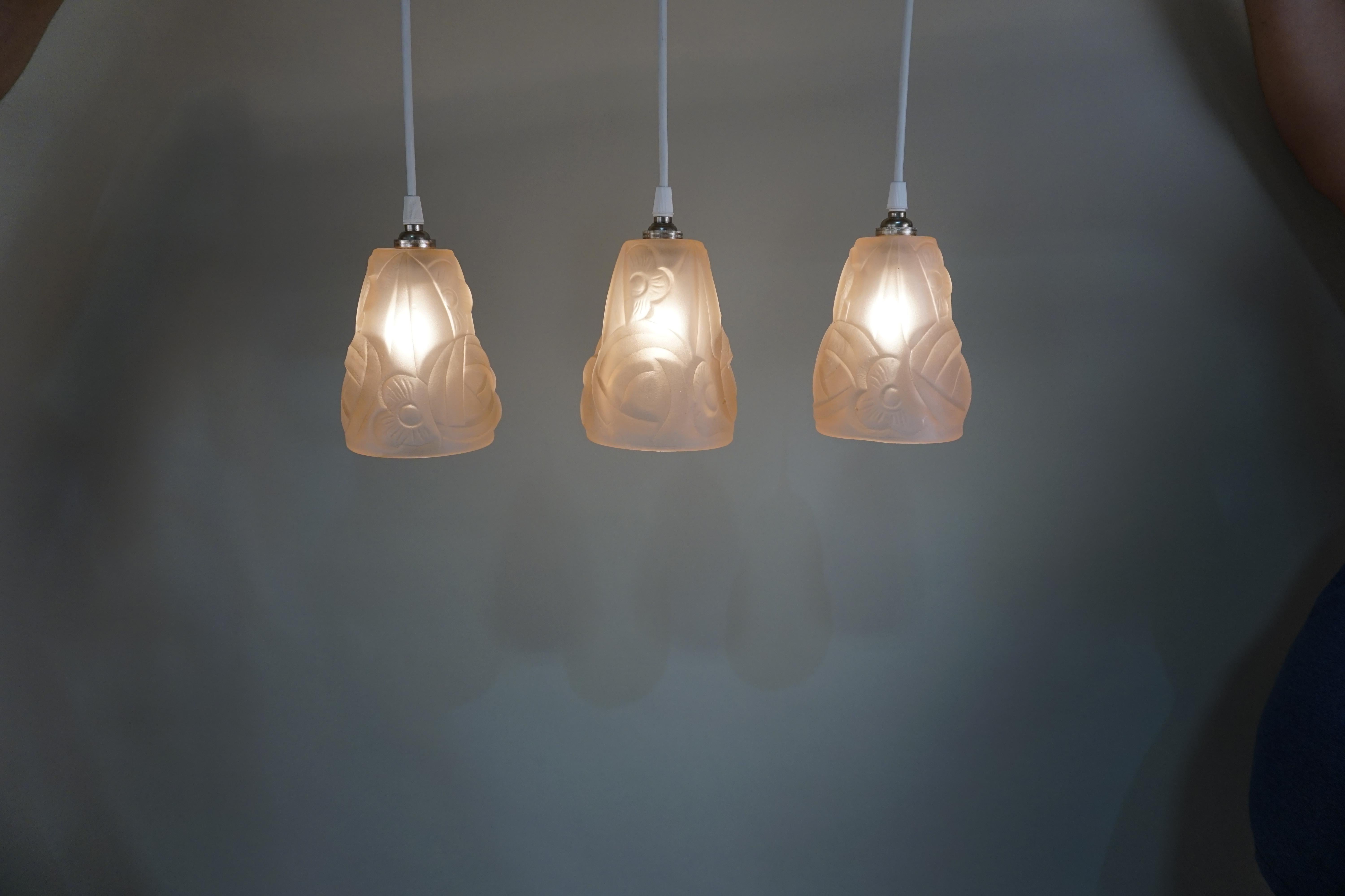 Set of Three Art Deco Glass Shade Pendant Light by Degue 1