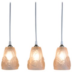 Set of Three Art Deco Glass Shade Pendant Light by Degue