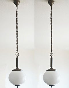 Set of Three Art Deco Italian Opaline Glass and Brass Pendants, 1950-1959