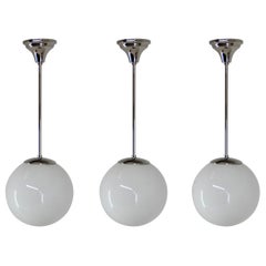 Set of Three Art Deco Pendants with Big Opaline Glass Shades
