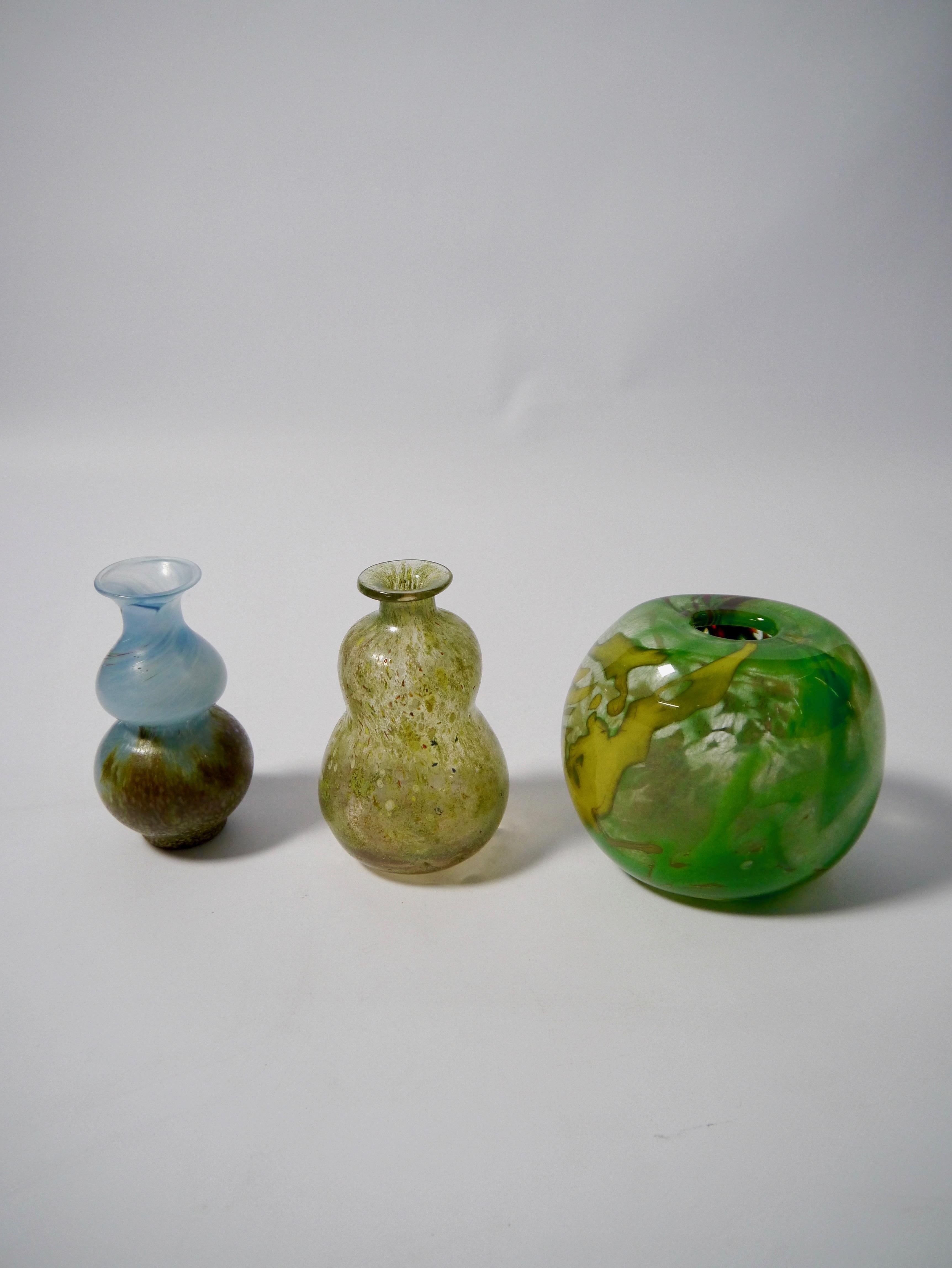 Set or three distinct Murano style art glass vases designed by Gro Bergslien (1940-1991), and fabricated at Hadeland Glassverk (established 1792). Signed at bottom.
