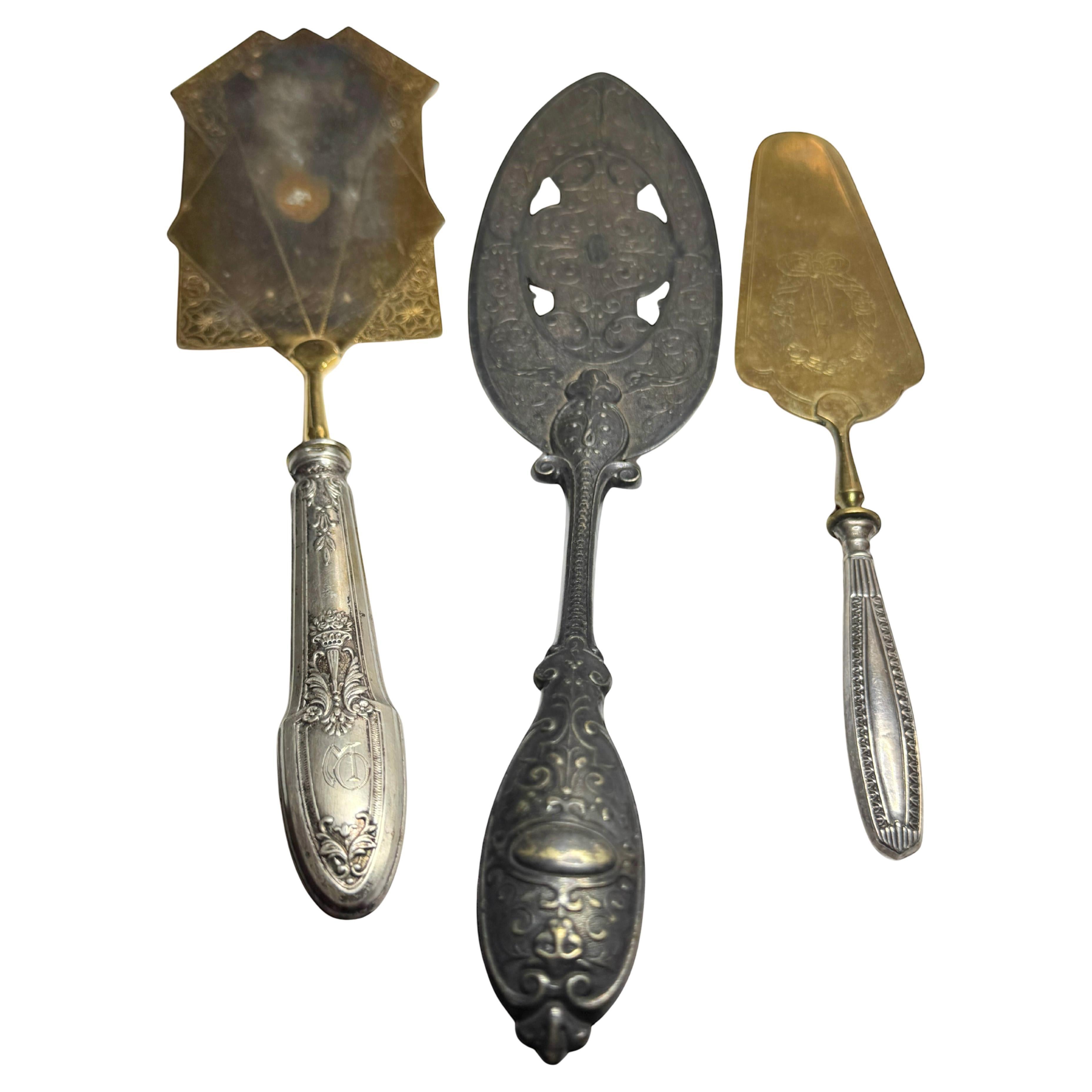 Set of Three Art Nouveau Silver Plate Flatware Cake Shovel, Germany 1890 - 1900s