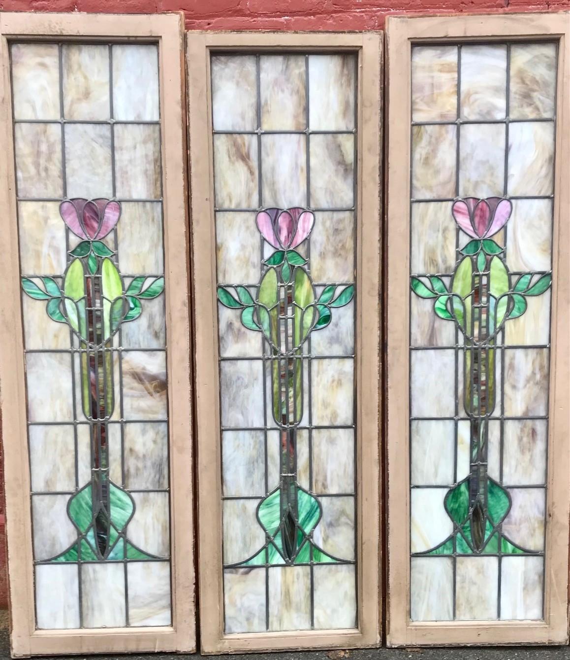 Hand-Crafted Set of Three Art Nouveau Stained Glass Windows For Sale