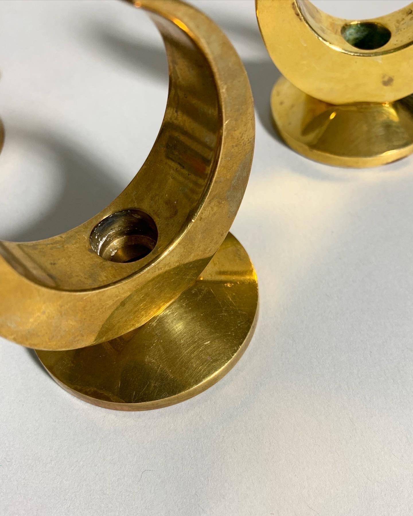 Set of Three Arthur Pe Candle Holders Brass Moon Kolbäck, Sweden, 1960s 3