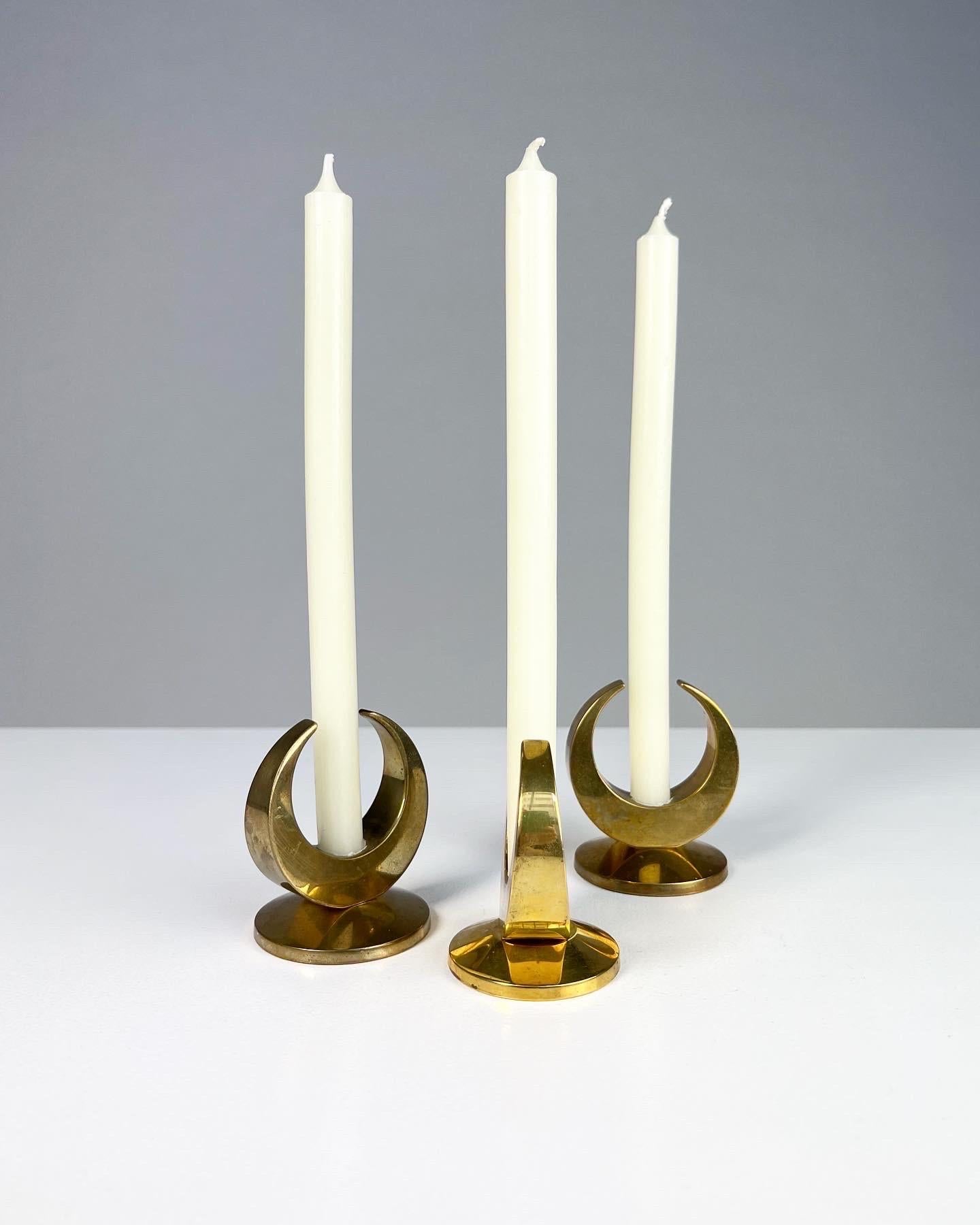 Mid-Century Modern Set of Three Arthur Pe Candle Holders Brass Moon Kolbäck, Sweden, 1960s
