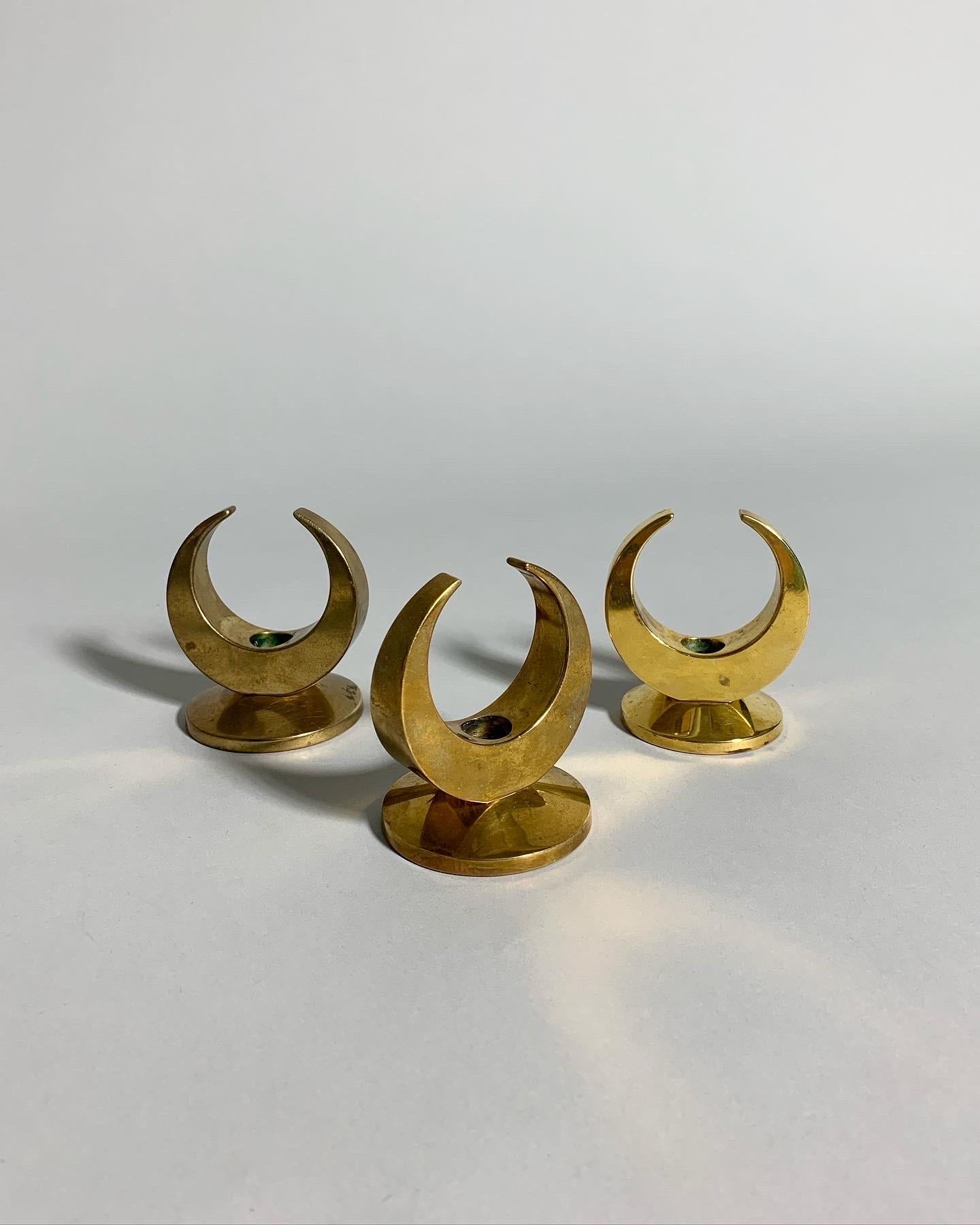 Swedish Set of Three Arthur Pe Candle Holders Brass Moon Kolbäck, Sweden, 1960s