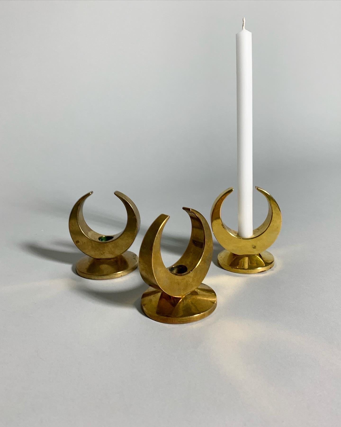 Hand-Crafted Set of Three Arthur Pe Candle Holders Brass Moon Kolbäck, Sweden, 1960s