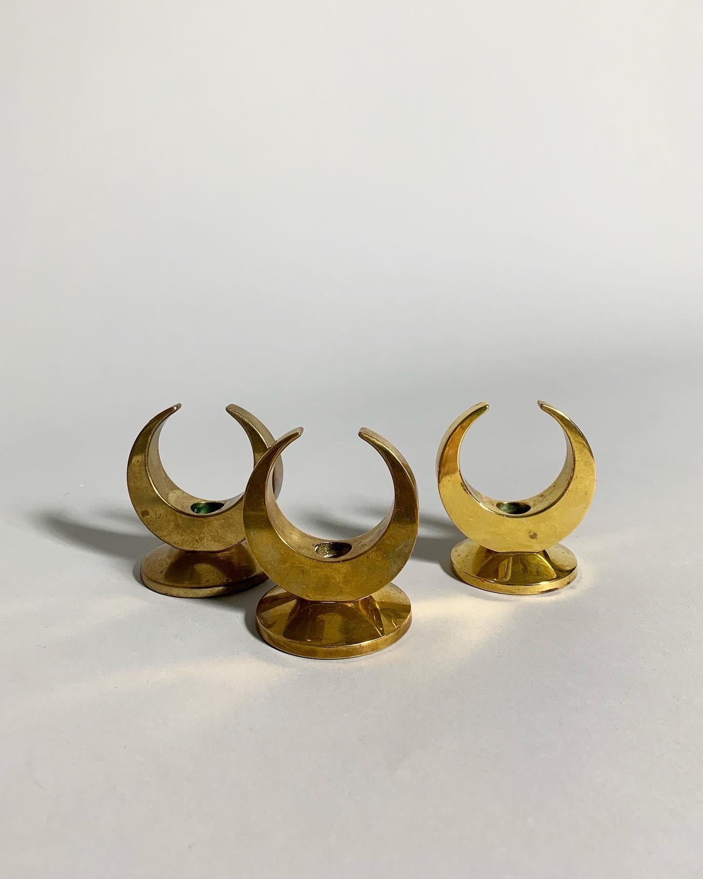 Set of Three Arthur Pe Candle Holders Brass Moon Kolbäck, Sweden, 1960s In Good Condition In Basel, BS