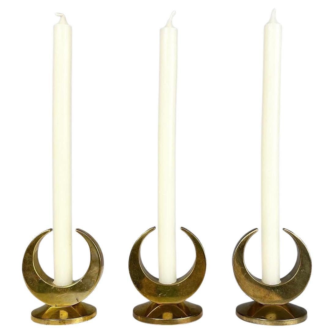 Set of Three Arthur Pe Candle Holders Brass Moon Kolbäck, Sweden, 1960s