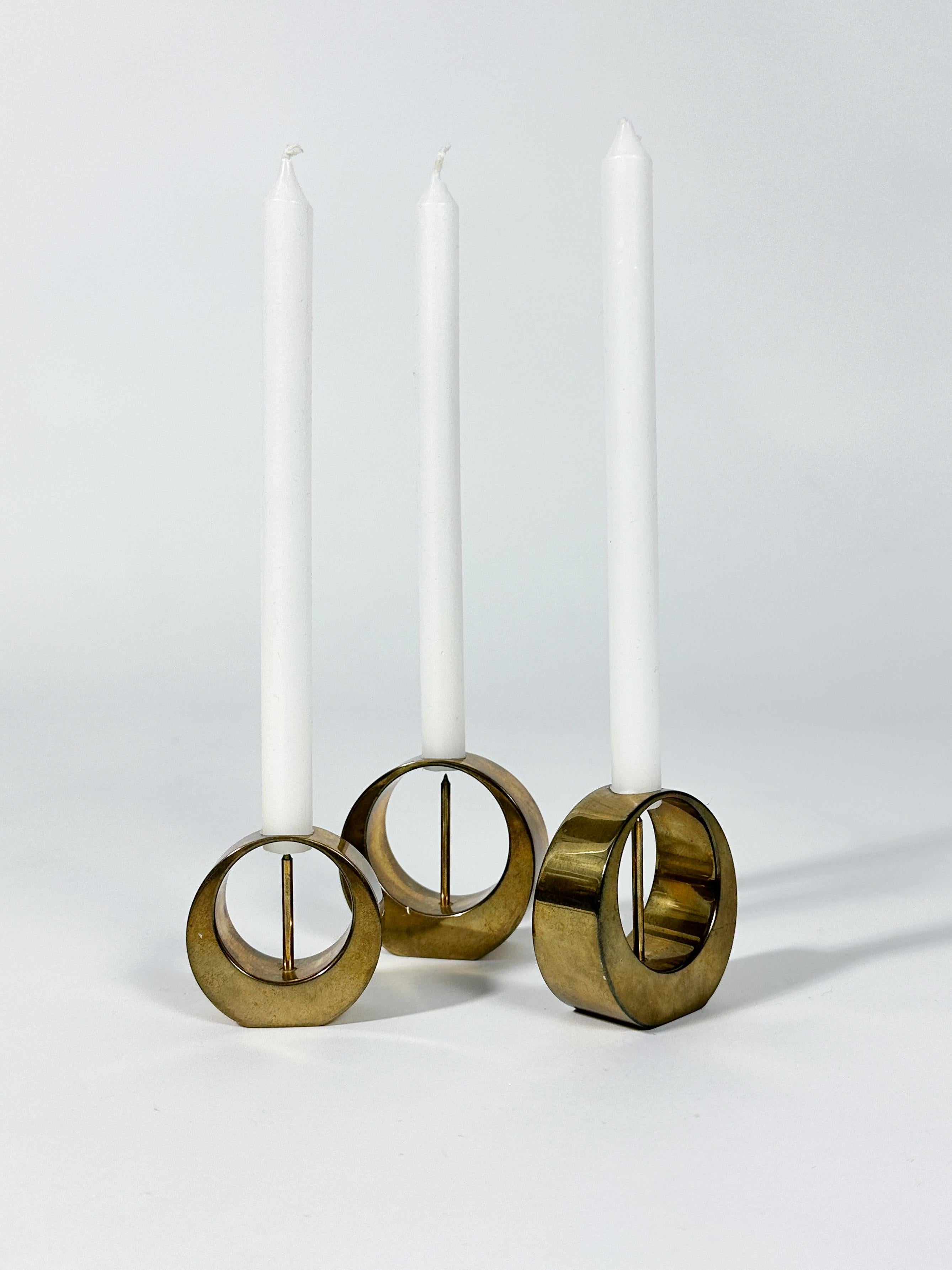 Mid-Century Modern Set of Three Arthur Pettersson Candle Sticks Brass, Sweden, 1960s For Sale