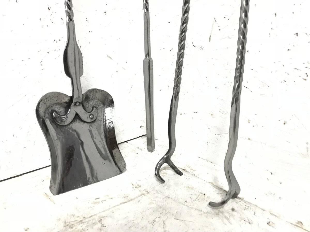 English Set of Three Arts & Crafts Hand-Forged and Sculptured Steel Fire Utensils For Sale