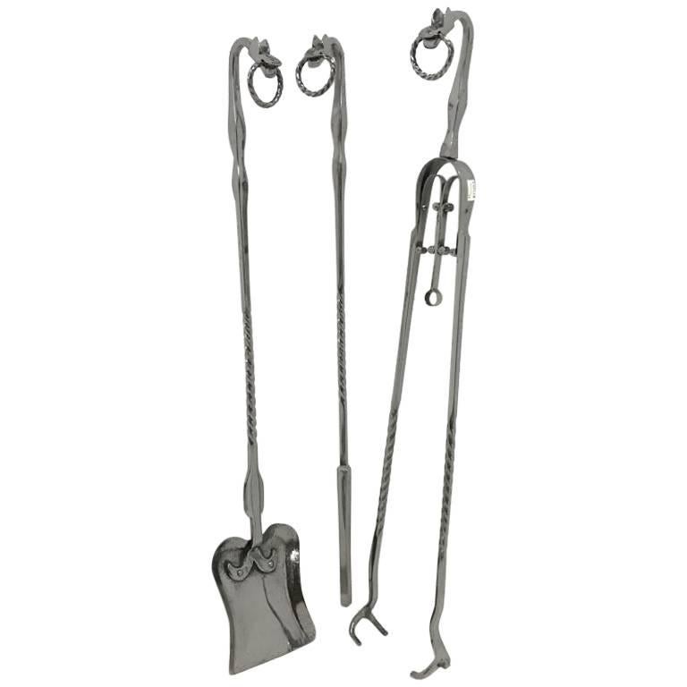 Set of Three Arts & Crafts Hand-Forged and Sculptured Steel Fire Utensils For Sale