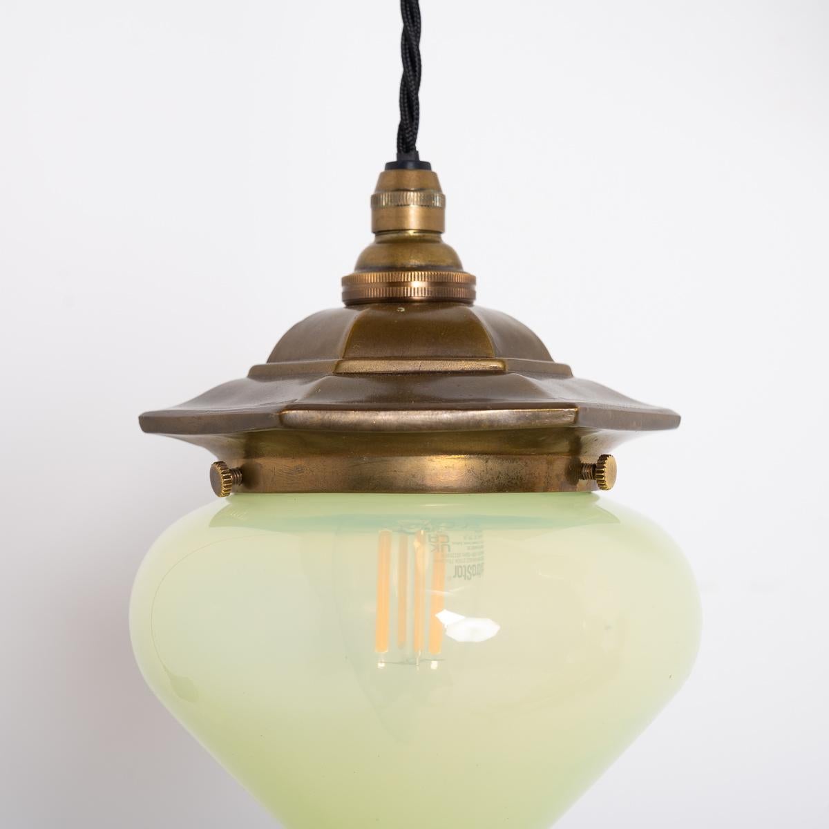 Set of Three Arts & Crafts Vaseline Glass Teardrop Shades with Aged Brass Galler In Good Condition In Nottingham, GB
