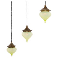 Set of Three Arts & Crafts Vaseline Glass Teardrop Shades with Aged Brass Galler