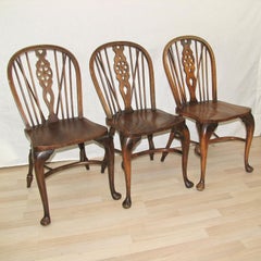 Set of Three Ash and Beech Wheelback Windsor Chairs with Cabriole Leg, England