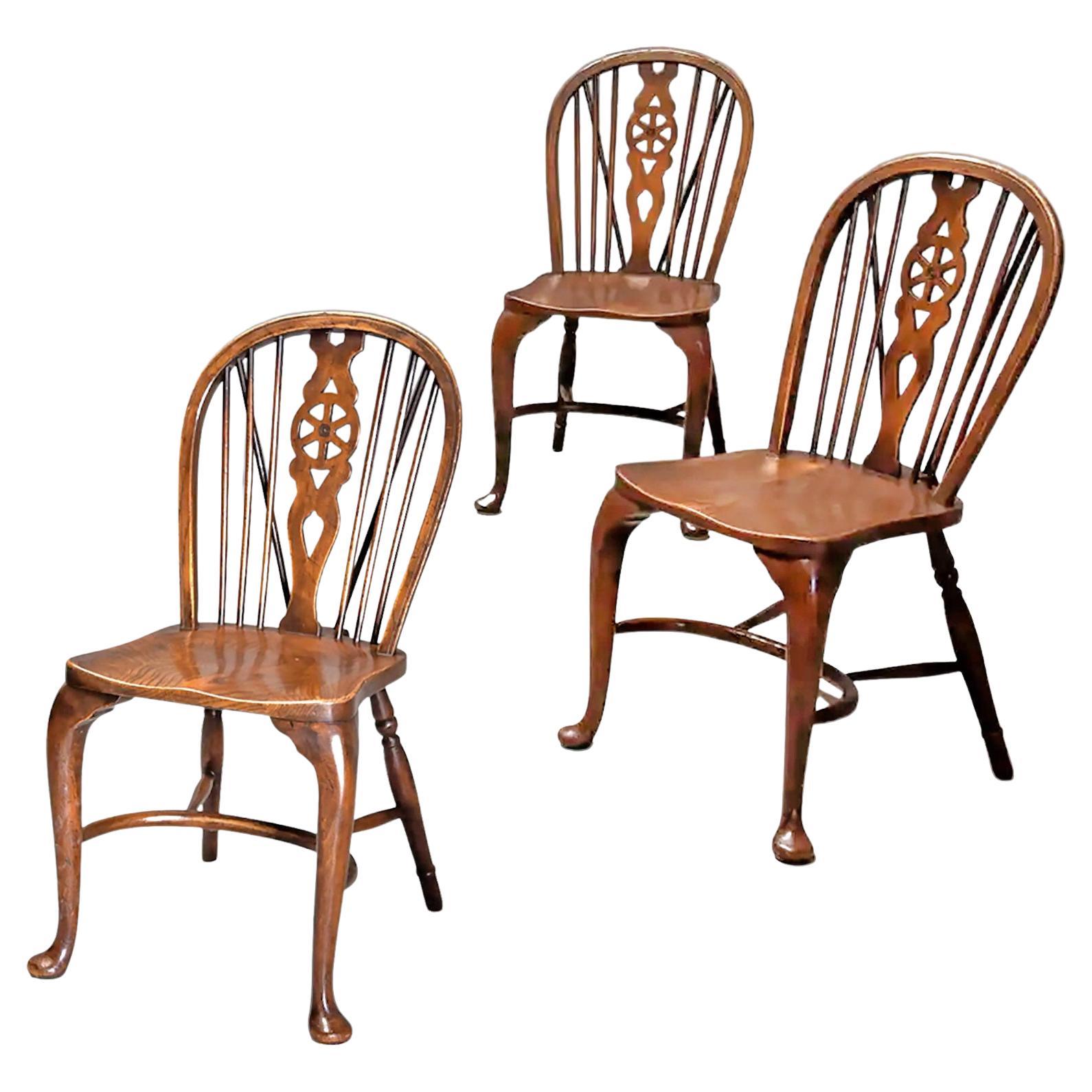 Set of Three Ash and Beech Wheelback Windsor Chairs with Cabriole Leg, England