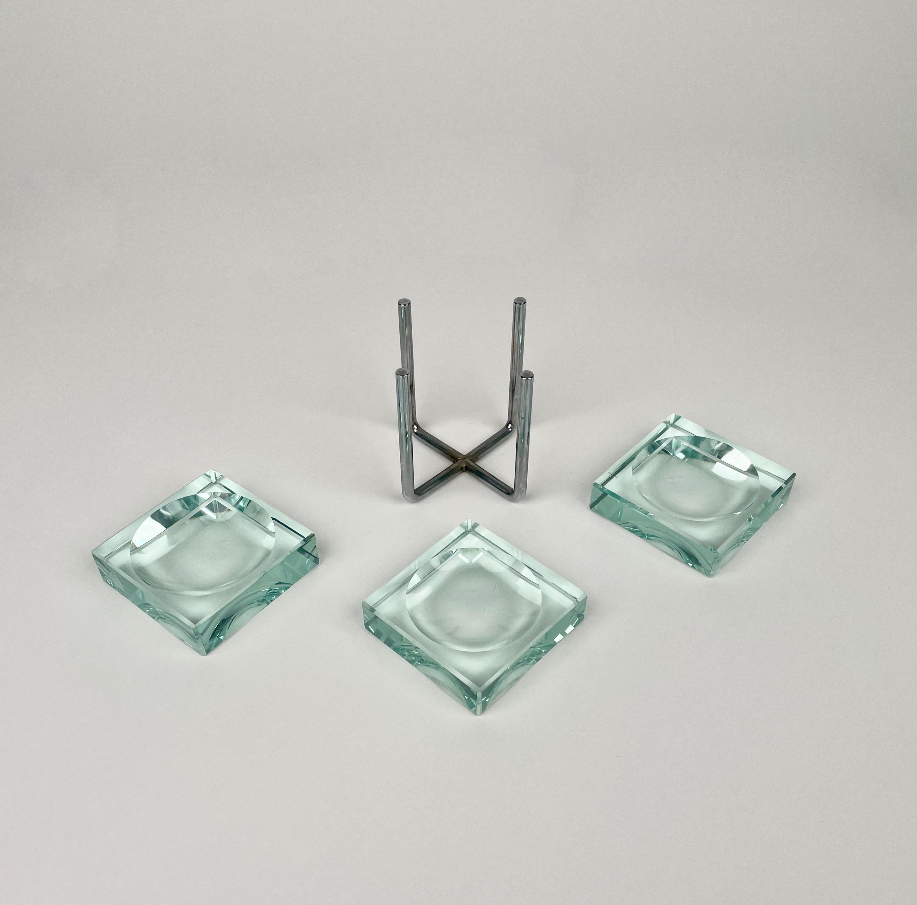 Set of Three Ashtray Glass & Steel by Gallotti & Radice, Italy 1970s In Good Condition For Sale In Rome, IT