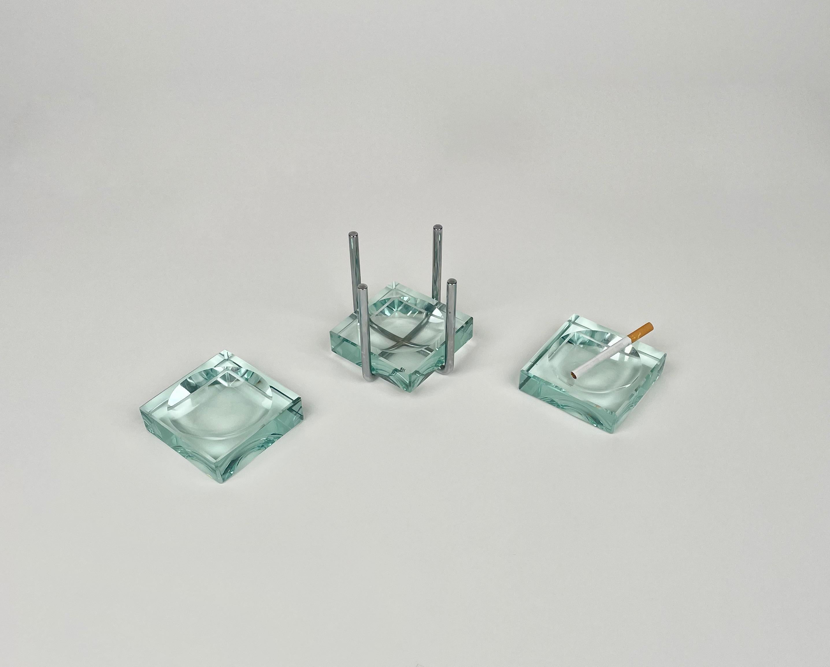 Metal Set of Three Ashtray Glass & Steel by Gallotti & Radice, Italy 1970s For Sale