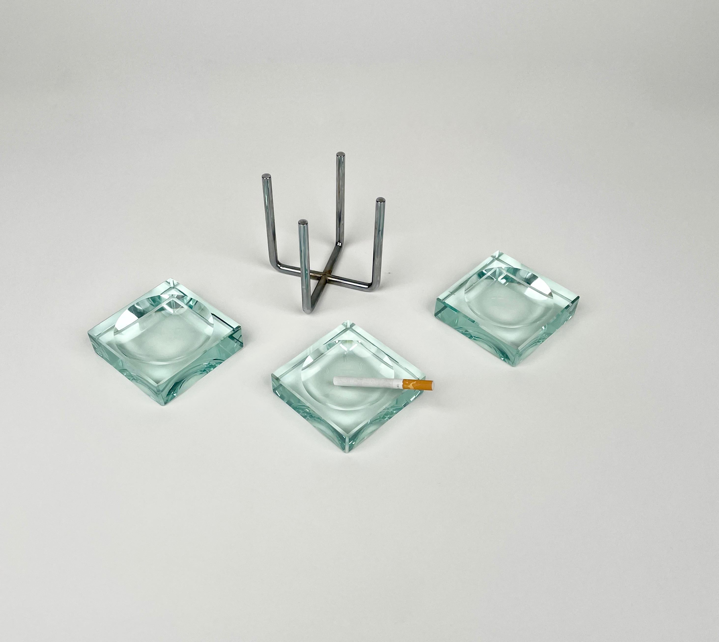 Set of Three Ashtray Glass & Steel by Gallotti & Radice, Italy 1970s For Sale 1