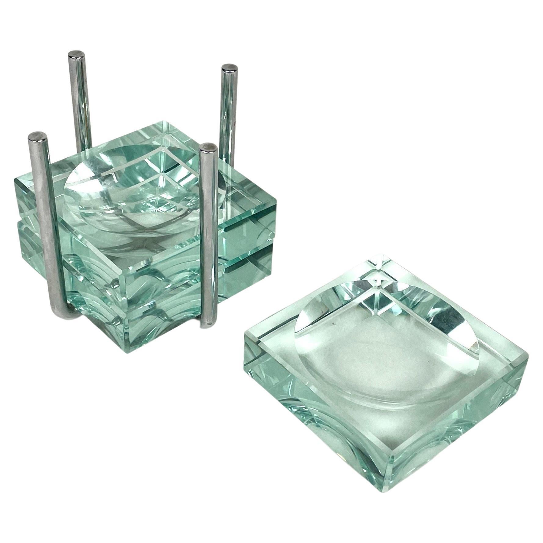 Set of Three Ashtray Glass & Steel by Gallotti & Radice, Italy 1970s For Sale