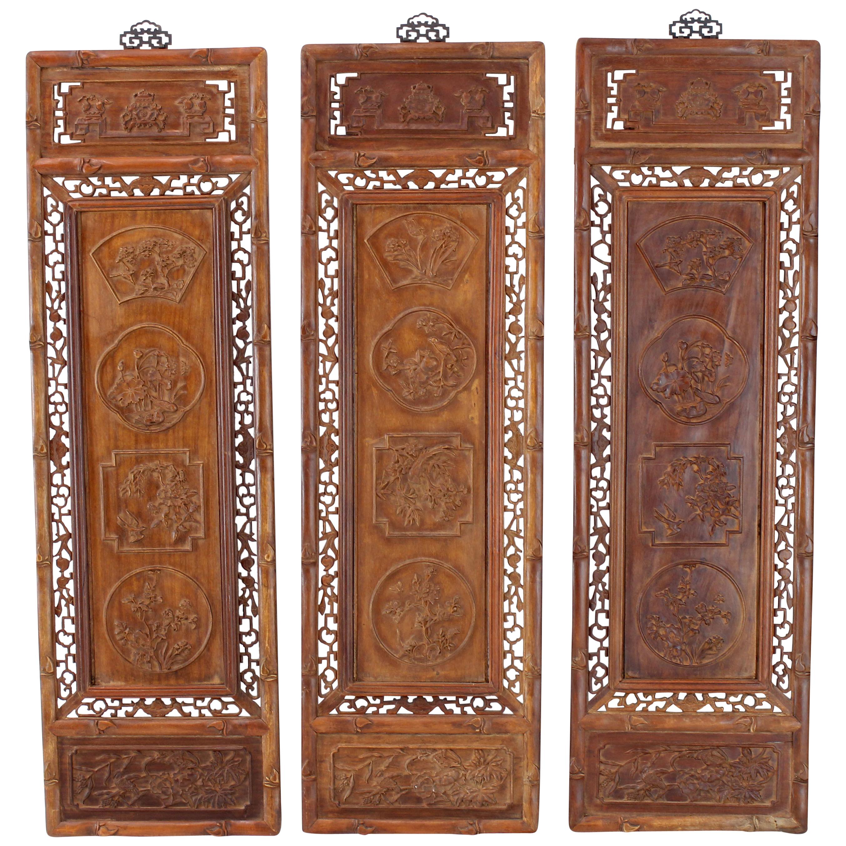 Set of Three Asian Carved Wall Panels